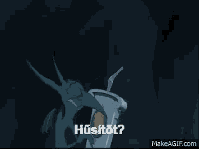 a cartoon character is standing next to a podium that says husitöt