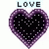 a pixel art of a purple heart with the words `` love '' written above it .