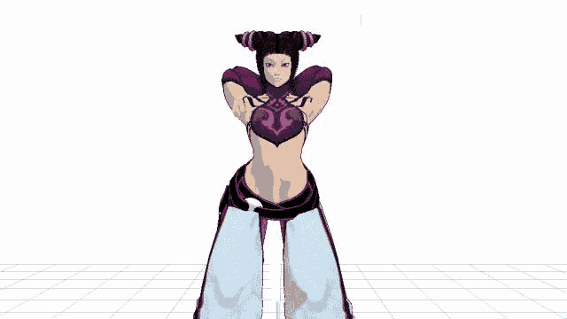 a woman in a purple top and white pants is standing with her hands behind her head