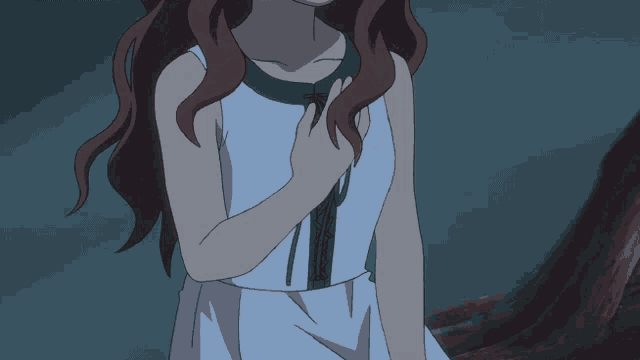 a girl with red hair and a white dress holds her hands to her chest