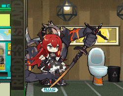 a cartoon of a girl holding a sword next to a toilet and a sign that says rhodes island on it