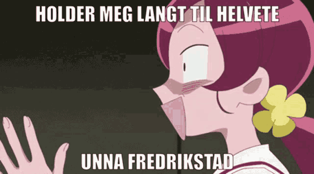 a cartoon of a girl with the words holder meg langt til helvete unna fredrikstad