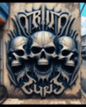 three skulls are on a wall with the word guns in the middle