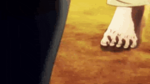 a close up of a person 's feet walking on a brown floor .