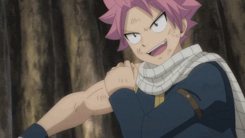 a cartoon character with pink hair and a scarf around his neck has a huge smile on his face