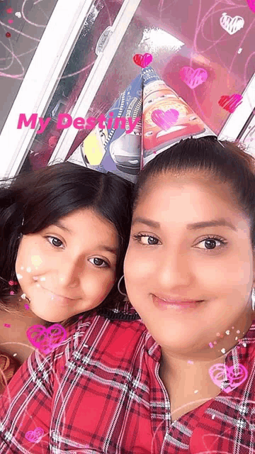 a woman and a little girl are posing for a picture and the words my destiny are on the bottom