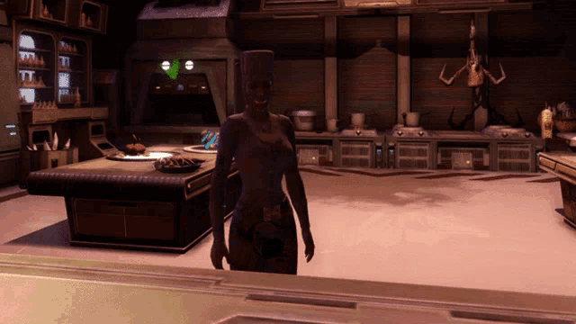 a woman in a futuristic kitchen wearing a chef 's hat stands in front of a table