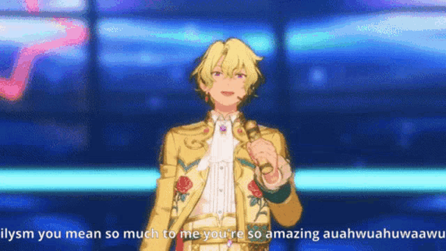 a man in a yellow suit is singing into a microphone while standing in front of a blue background .