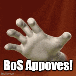 a cartoon hand reaching out with the words bos approves below it