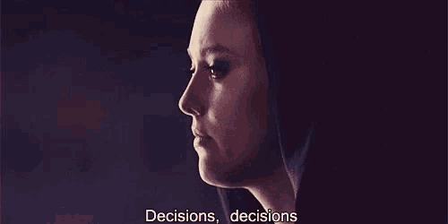 a close up of a woman 's face with the words ' decisions , decisions ' on the bottom .