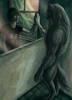 a painting of a werewolf giving a high five to another werewolf