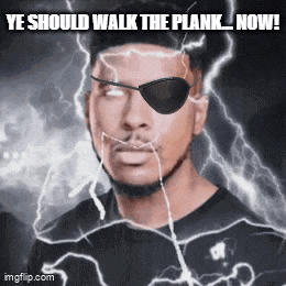 a man wearing an eye patch and headphones is surrounded by lightning and says ye should walk the plank now
