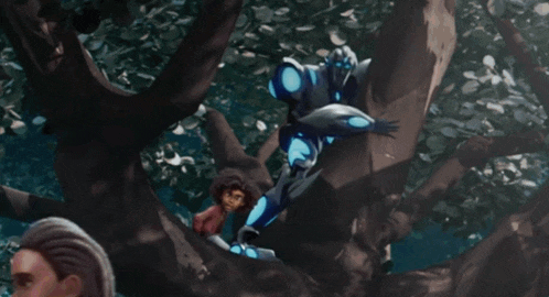 a robot is standing in a tree with a child
