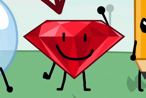 a cartoon drawing of a red diamond with arms and legs smiling