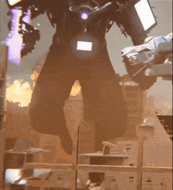 a giant robot is standing in front of a building with a fire in the background