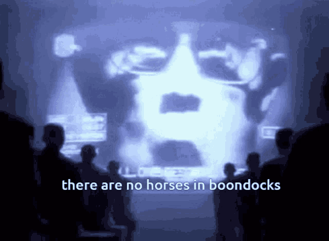 a group of people are looking at a screen that says there are no horses in boondocks