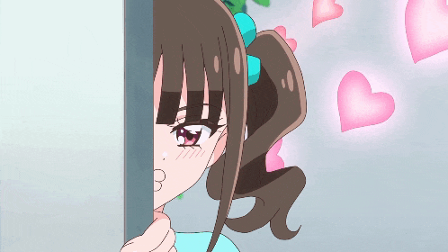 a girl in a ponytail is peeking out from behind a wall with pink hearts flying around her
