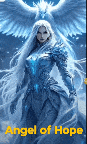 a woman with long white hair is standing next to a white bird with angel of hope written on the bottom