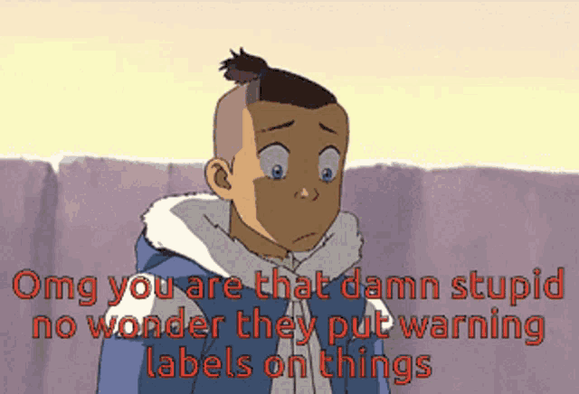 a cartoon of a boy with the words " omg you are that damn stupid no wonder they put warning labels on things " below him