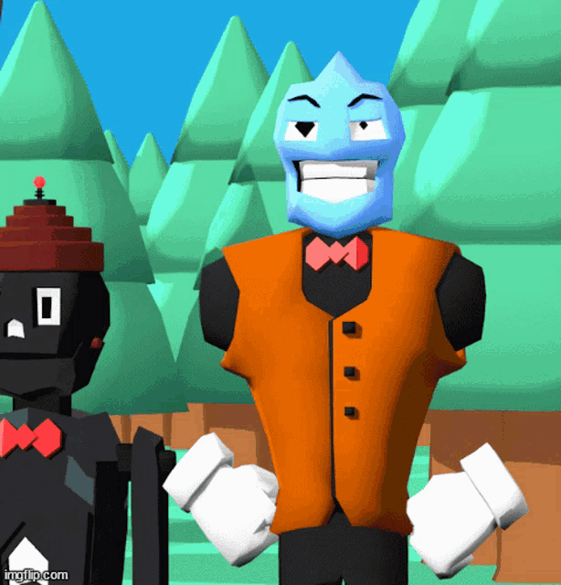 a cartoon character wearing an orange vest and a bow tie is standing next to another character