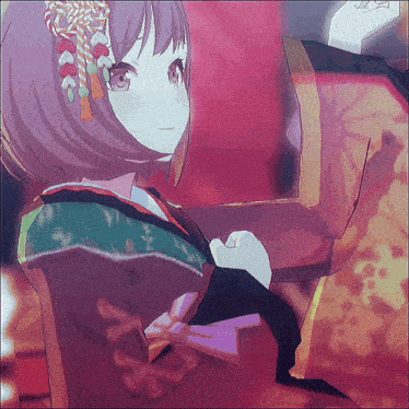 a girl with purple hair is wearing a kimono and has a bow on her head
