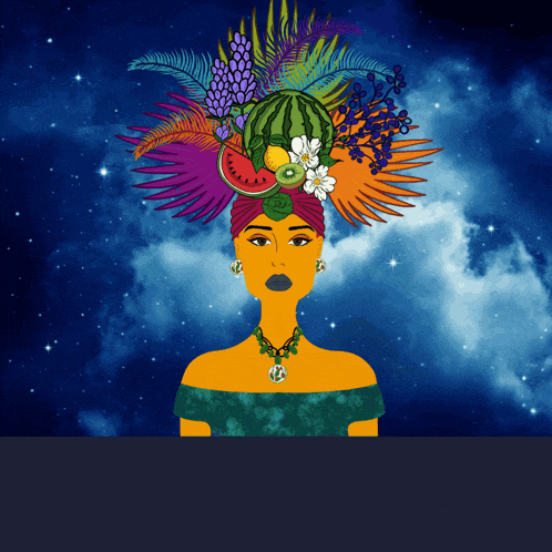 an illustration of a woman wearing a turban with fruits and flowers on it
