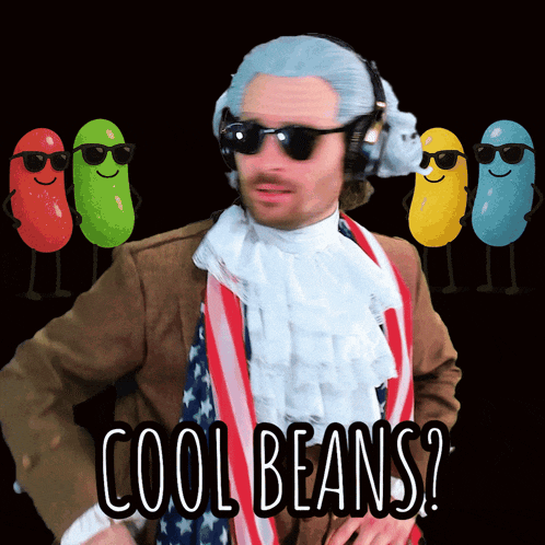 a man in a costume with the words cool beans written on it