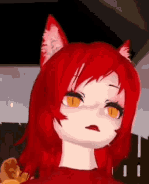 a red haired anime girl with cat ears and yellow eyes is looking at the camera .