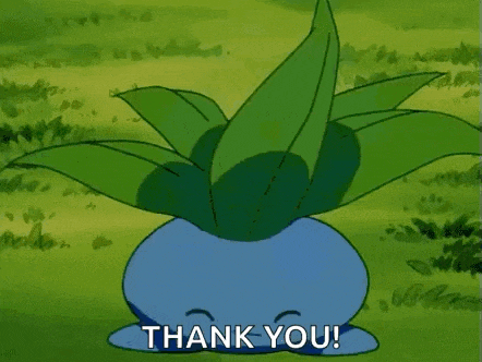 a cartoon pokemon is laying in the grass with a thank you message .