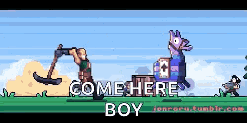 a pixel art of a llama and a man with the words come here boy written on the bottom