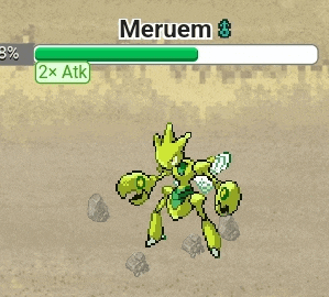 a pixel art drawing of a robot with the name meruem on top