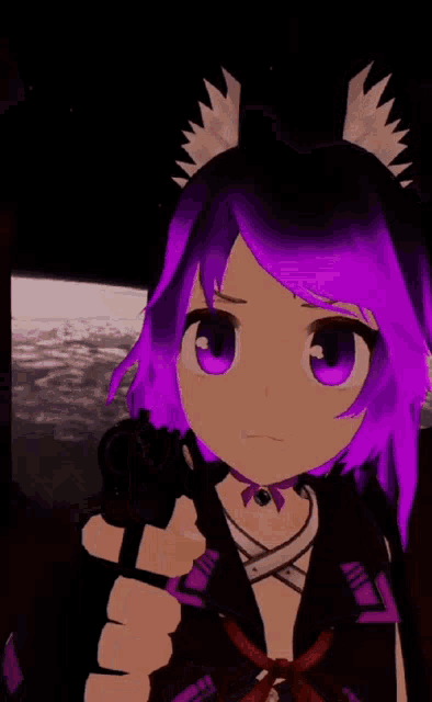 a cartoon girl with purple hair is holding a sword in her hand and looking at the camera .