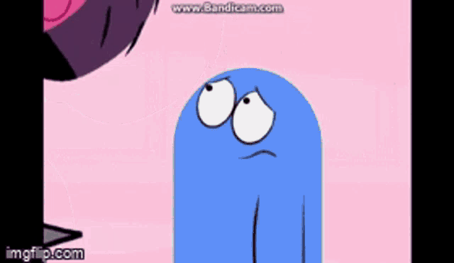 a blue cartoon character with sad eyes is standing next to a pink cartoon character .