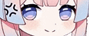 a close up of a girl 's face with pink hair and blue eyes with an angry expression .
