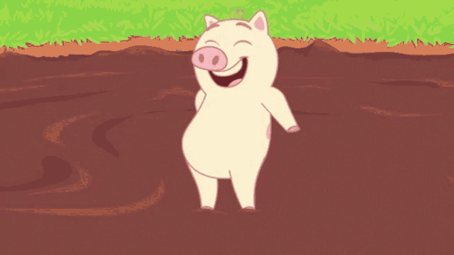 a cartoon pig is standing in a muddy field