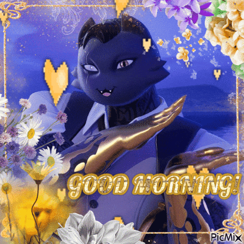 a picture of a cat with flowers and the words good morning on it