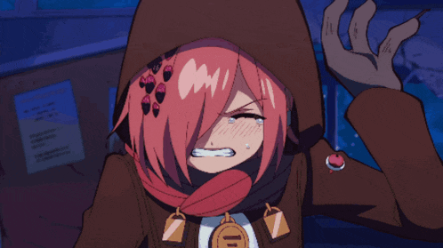 a girl with pink hair has a scarf around her neck and a hood