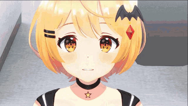a girl with yellow hair and a bat on her head