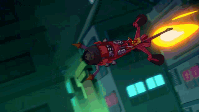 a cartoon character is flying through the air with a flame coming out of it 's mouth