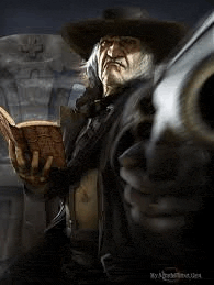 a man in a cowboy hat is holding a book and pointing a gun .