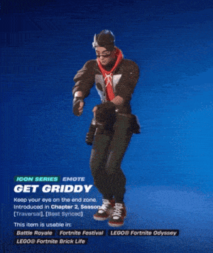 a video game character named get griddy with a skull on his jacket