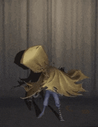a cartoon character is standing in front of a curtain with a hood on .