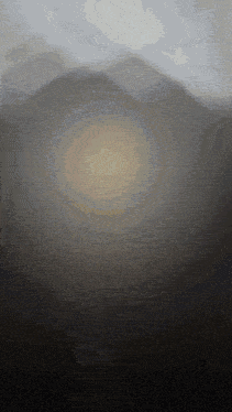 a painting of a mountain range with a circle in the middle
