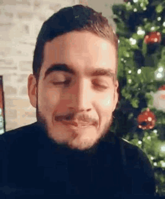 a man with a beard and mustache is smiling in front of a christmas tree .