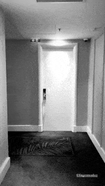 a black and white photo of a hallway with the words fingermonkey on the bottom right