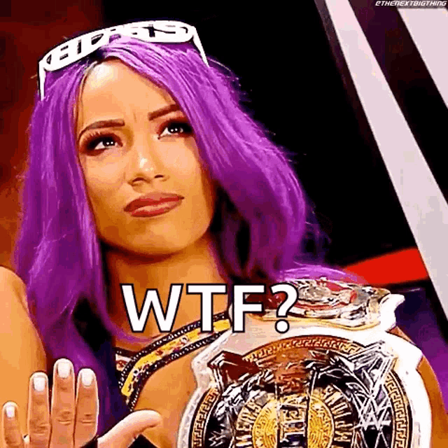 a woman with purple hair and a crown on her head is holding a championship belt and making a funny face .
