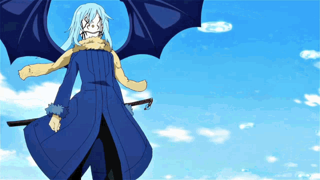 a cartoon character with blue hair and black wings holds a sword