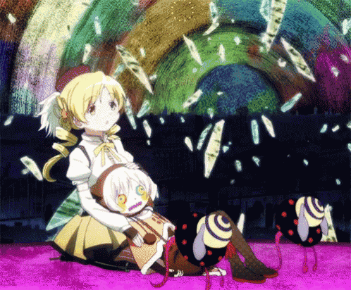 a girl is sitting on a purple surface with a rainbow behind her