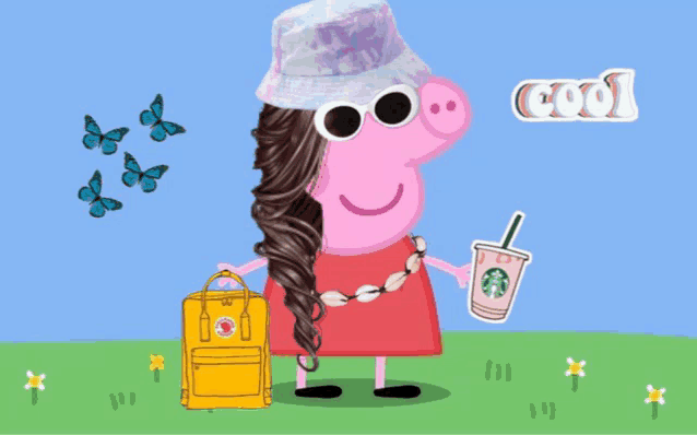 peppa pig is wearing a bucket hat and sunglasses while holding a starbucks drink
