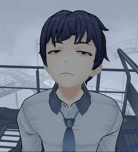 a computer generated image of a boy wearing a shirt and tie with his eyes closed